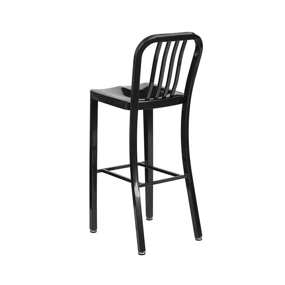 Commercial Grade 30" High Black Metal Indoor-Outdoor Barstool with Vertical Slat Back