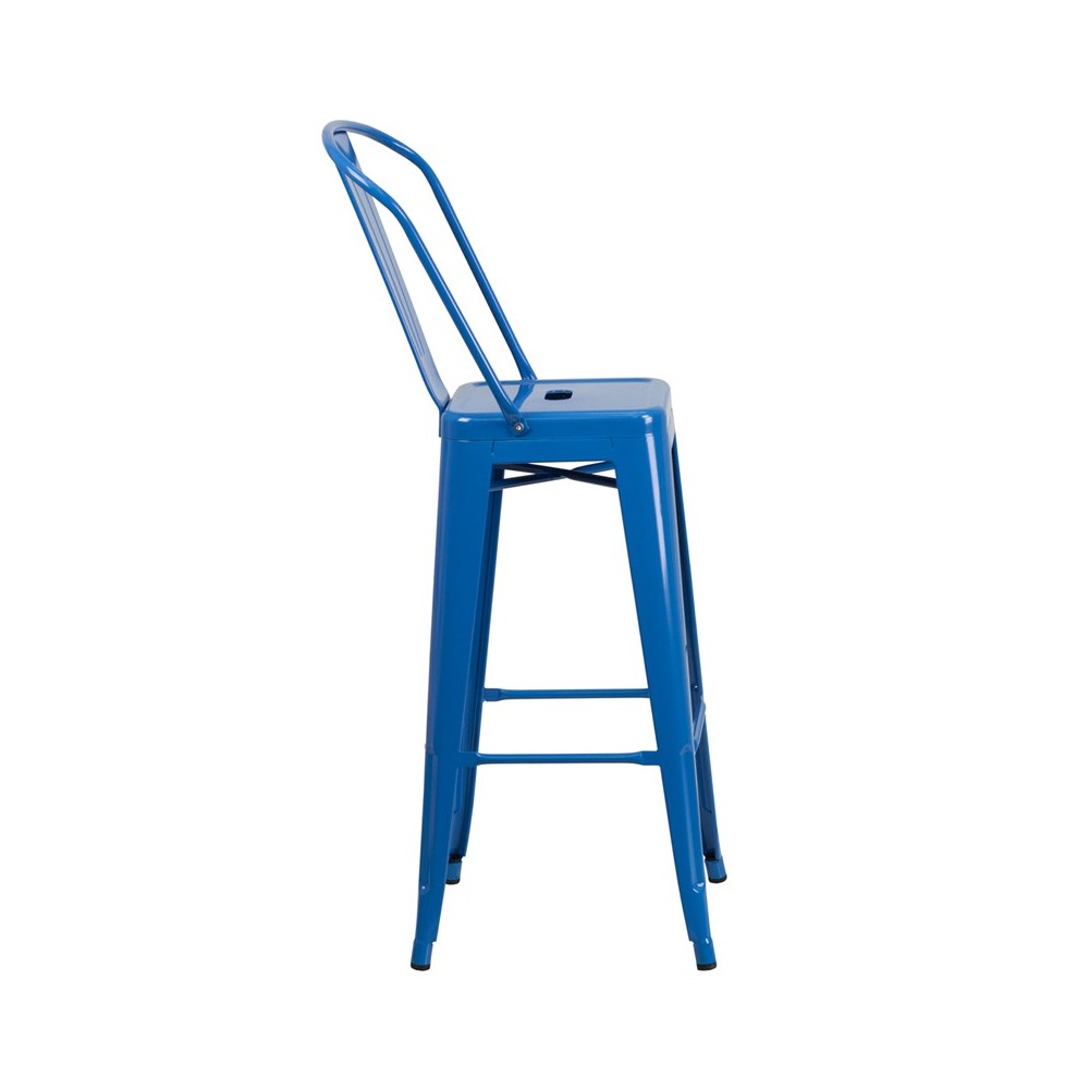 Commercial Grade 30" High Blue Metal Indoor-Outdoor Barstool with Removable Back