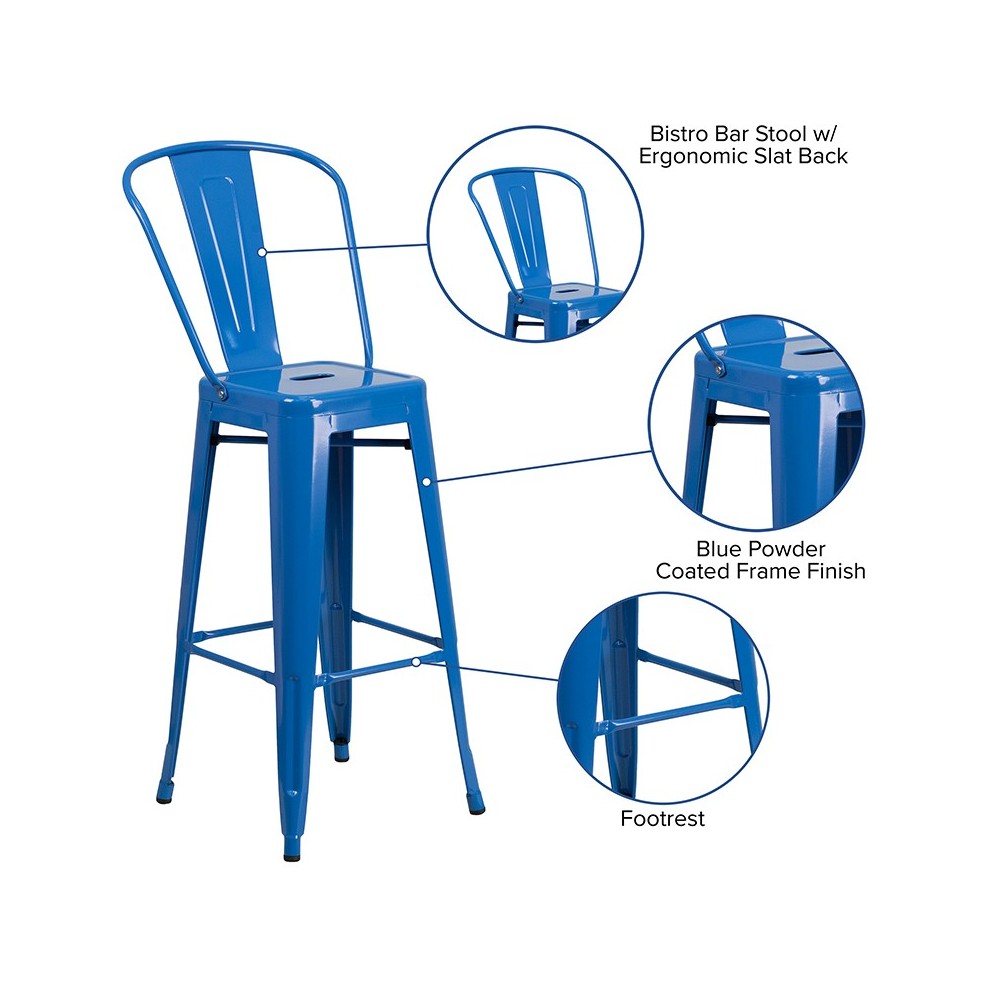 Commercial Grade 30" High Blue Metal Indoor-Outdoor Barstool with Removable Back