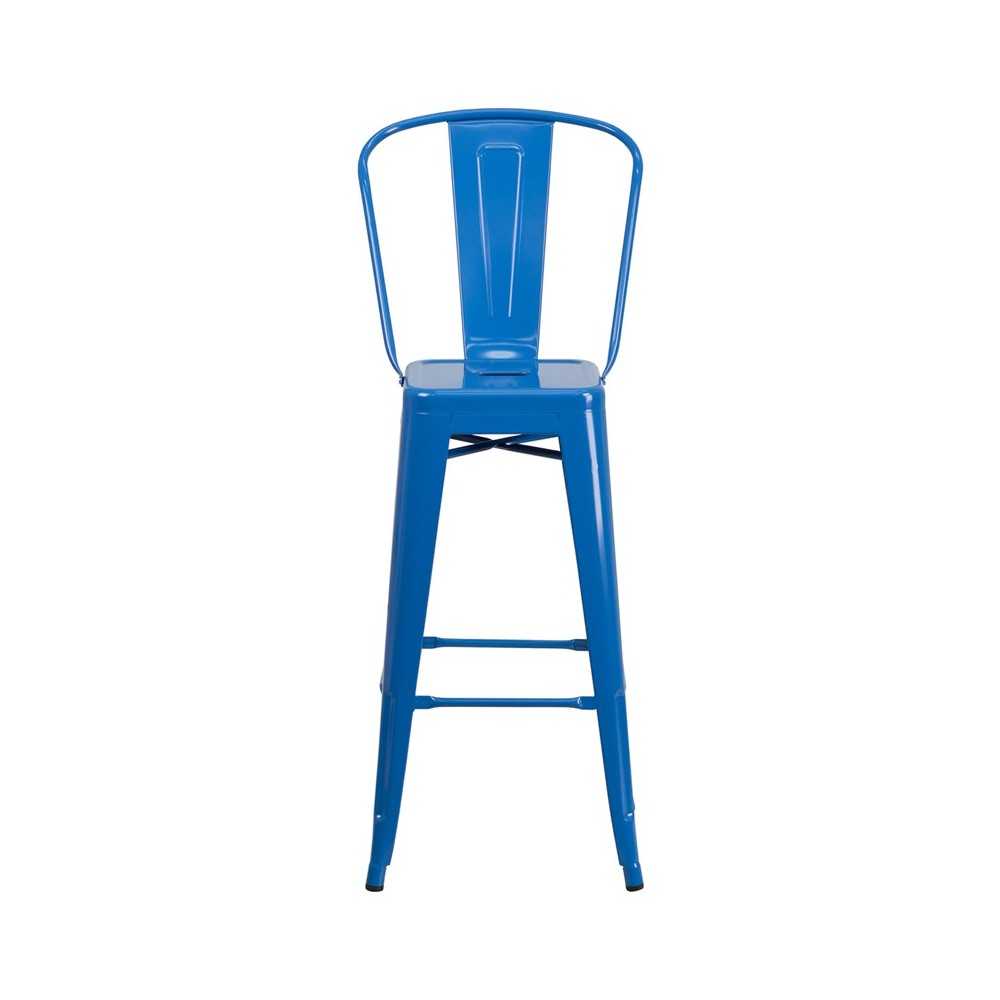 Commercial Grade 30" High Blue Metal Indoor-Outdoor Barstool with Removable Back