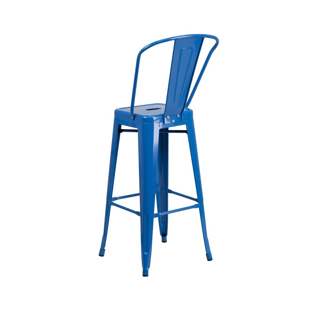 Commercial Grade 30" High Blue Metal Indoor-Outdoor Barstool with Removable Back