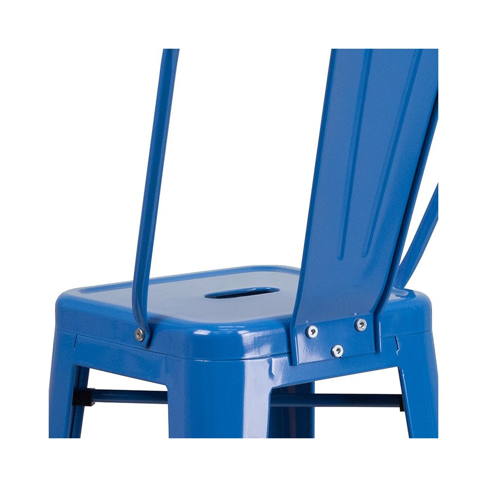 Commercial Grade 30" High Blue Metal Indoor-Outdoor Barstool with Removable Back