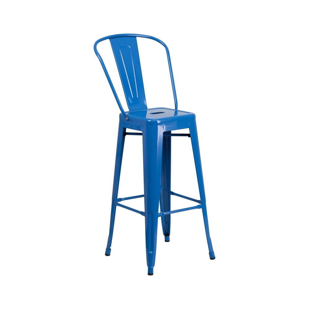 Commercial Grade 30" High Blue Metal Indoor-Outdoor Barstool with Removable Back