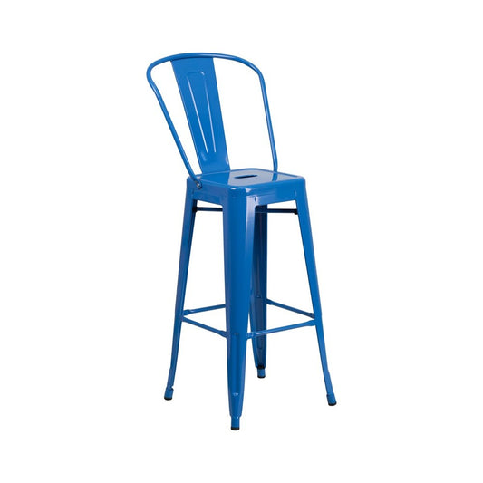 Commercial Grade 30" High Blue Metal Indoor-Outdoor Barstool with Removable Back
