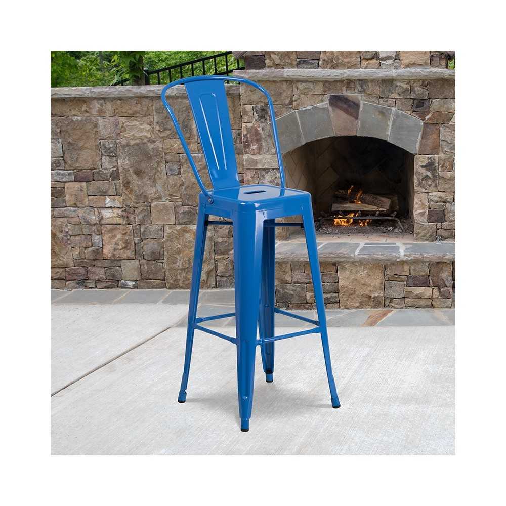 Commercial Grade 30" High Blue Metal Indoor-Outdoor Barstool with Removable Back
