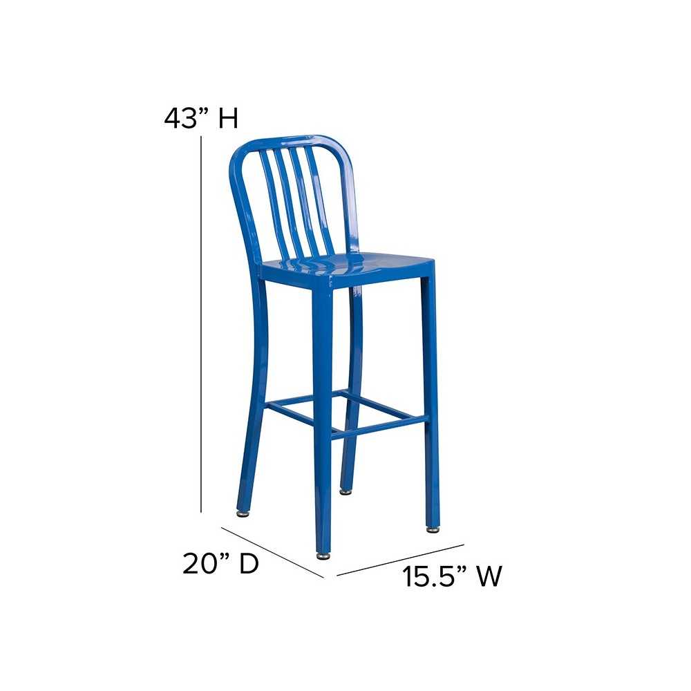 Commercial Grade 30" High Blue Metal Indoor-Outdoor Barstool with Vertical Slat Back