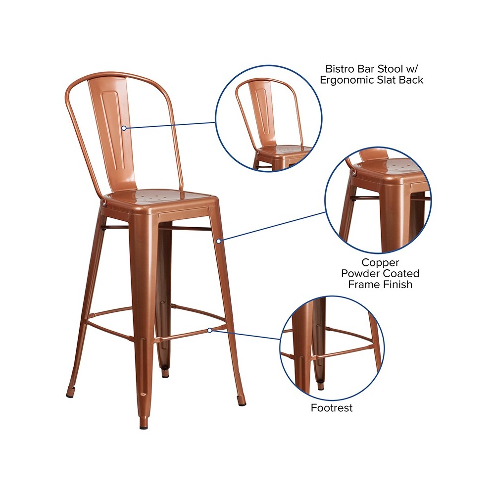 Commercial Grade 30" High Copper Metal Indoor-Outdoor Barstool with Back