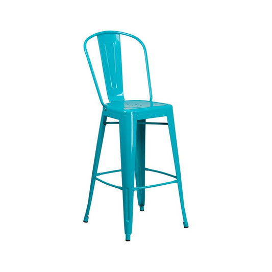 Commercial Grade 30" High Crystal Teal-Blue Metal Indoor-Outdoor Barstool with Back
