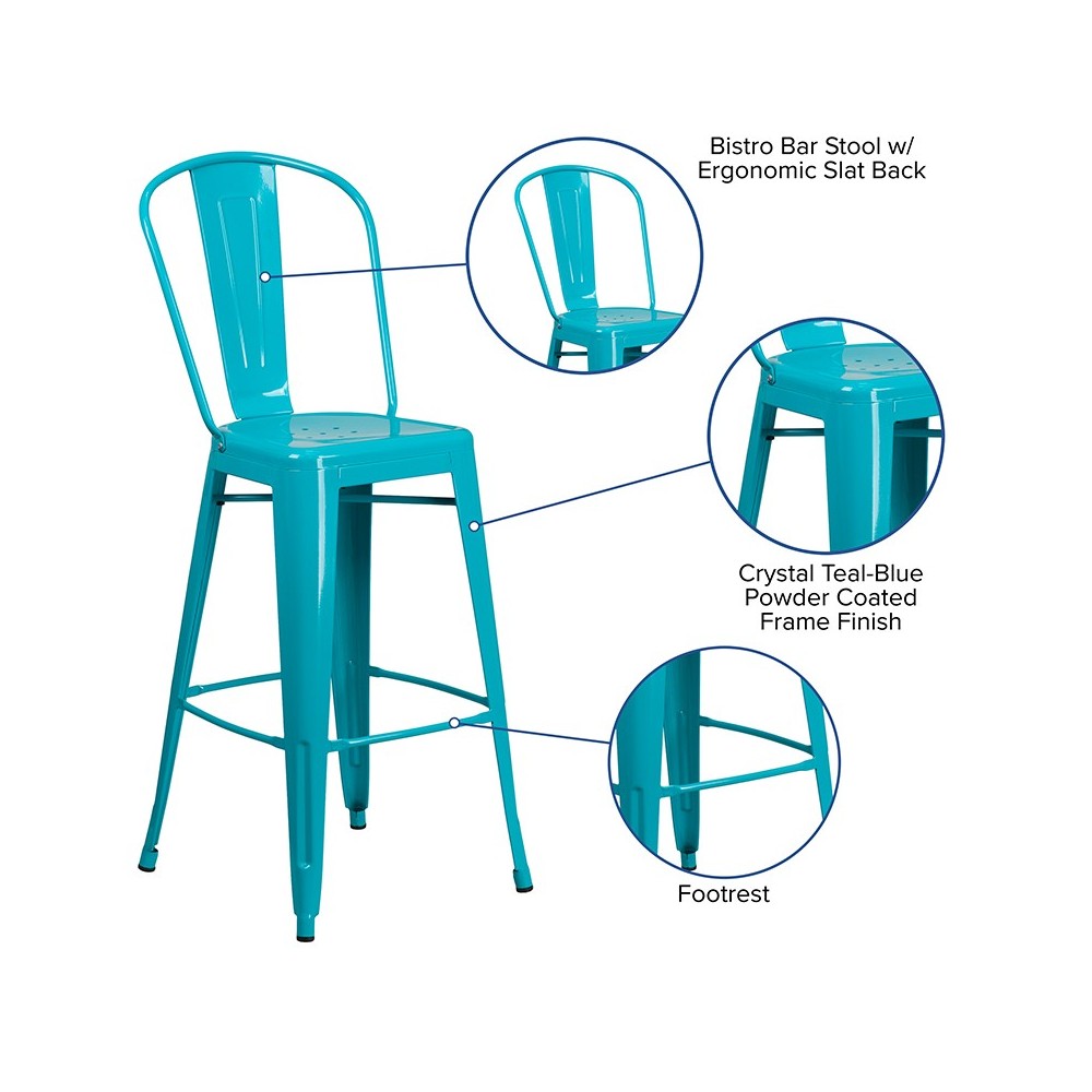 Commercial Grade 30" High Crystal Teal-Blue Metal Indoor-Outdoor Barstool with Back