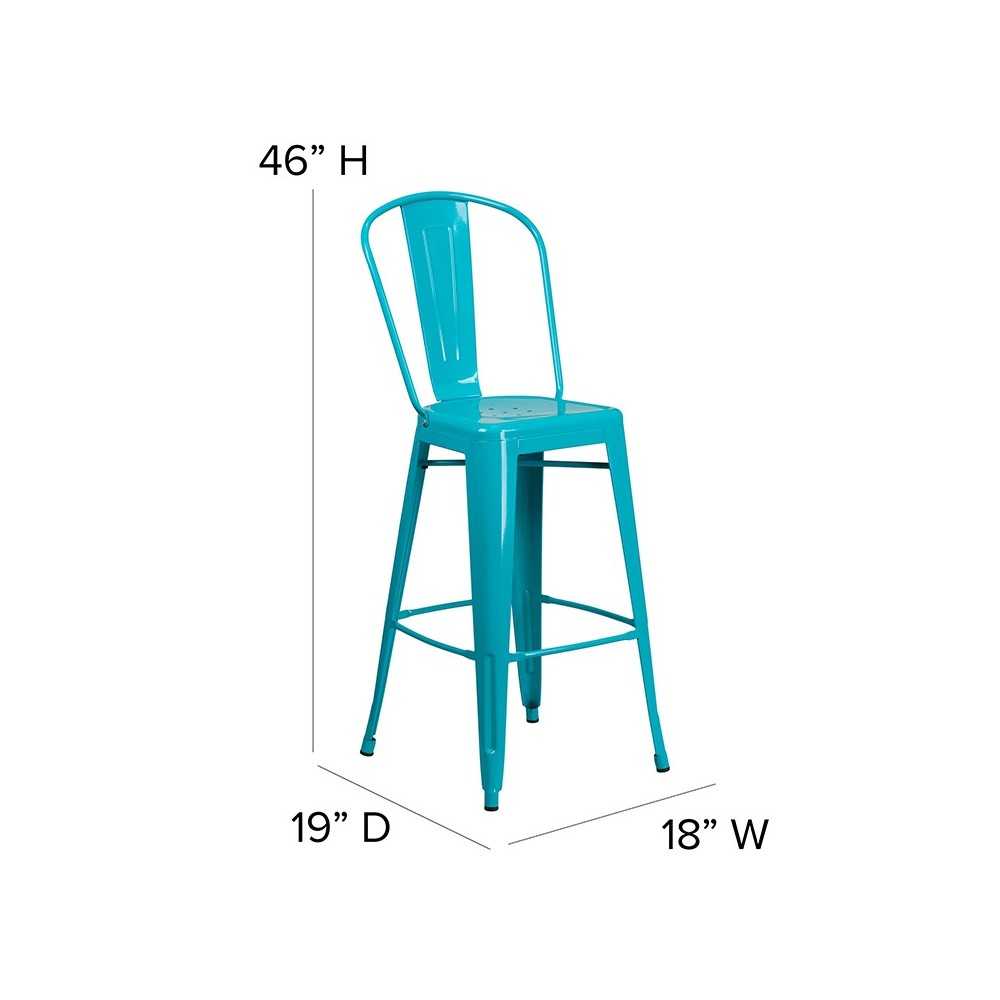 Commercial Grade 30" High Crystal Teal-Blue Metal Indoor-Outdoor Barstool with Back