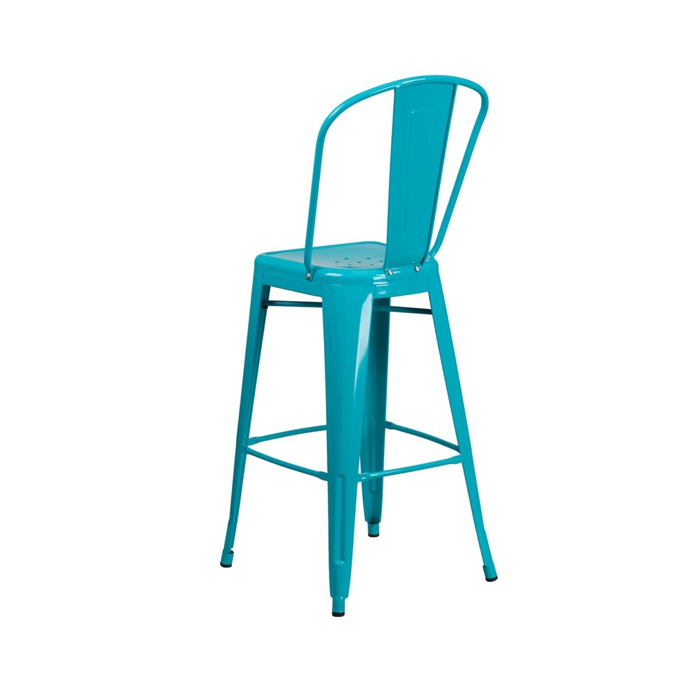 Commercial Grade 30" High Crystal Teal-Blue Metal Indoor-Outdoor Barstool with Back