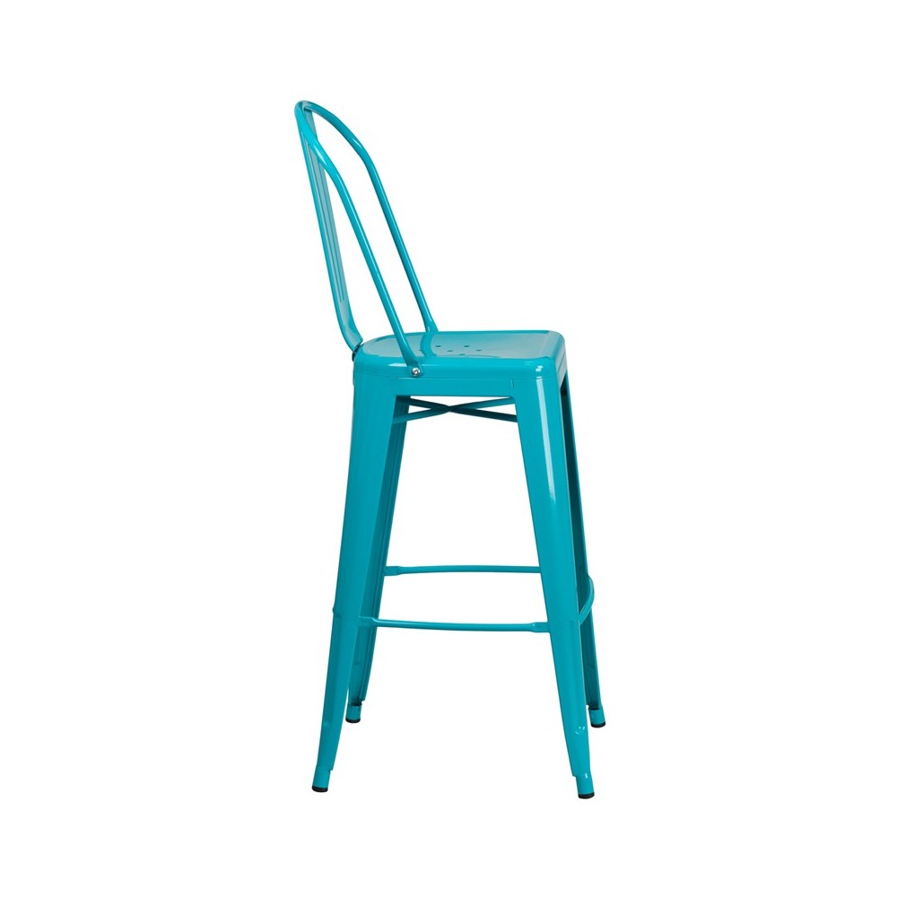 Commercial Grade 30" High Crystal Teal-Blue Metal Indoor-Outdoor Barstool with Back
