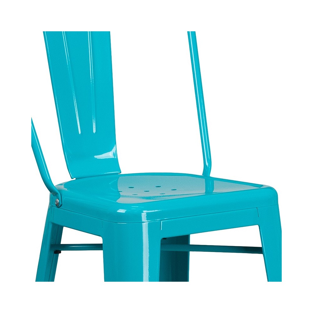 Commercial Grade 30" High Crystal Teal-Blue Metal Indoor-Outdoor Barstool with Back