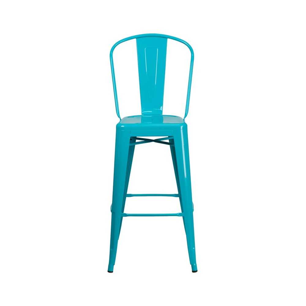 Commercial Grade 30" High Crystal Teal-Blue Metal Indoor-Outdoor Barstool with Back
