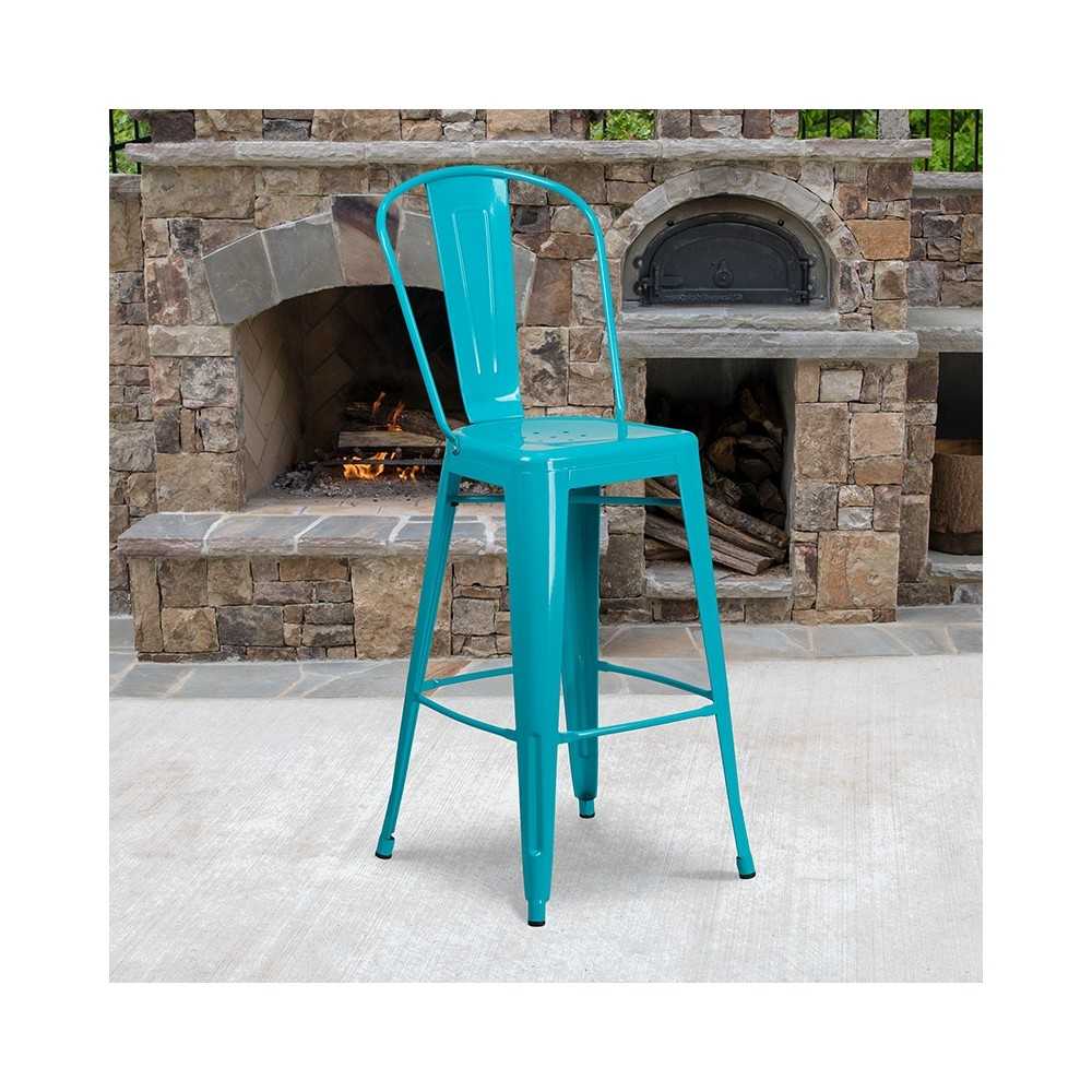 Commercial Grade 30" High Crystal Teal-Blue Metal Indoor-Outdoor Barstool with Back