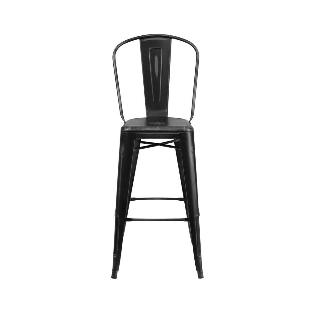 Commercial Grade 30" High Distressed Black Metal Indoor-Outdoor Barstool with Back