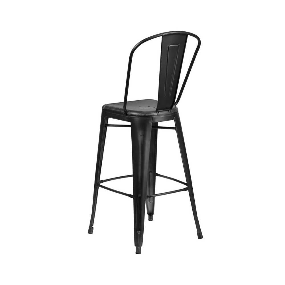 Commercial Grade 30" High Distressed Black Metal Indoor-Outdoor Barstool with Back