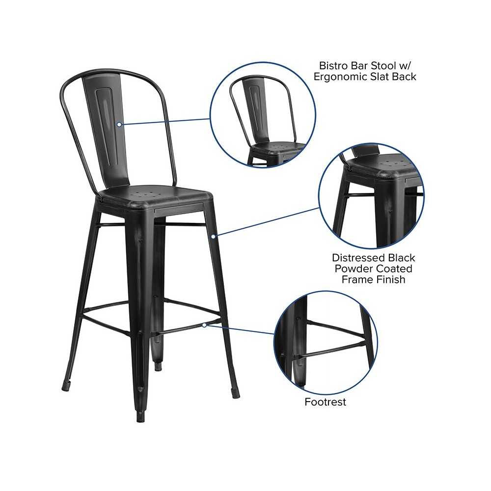Commercial Grade 30" High Distressed Black Metal Indoor-Outdoor Barstool with Back