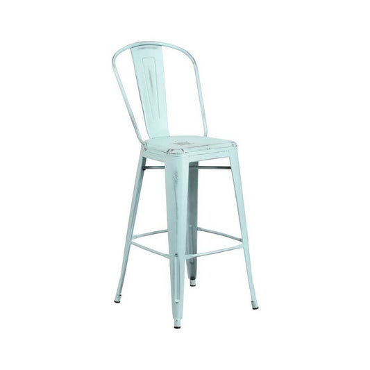 Commercial Grade 30" High Distressed Green-Blue Metal Indoor-Outdoor Barstool with Back