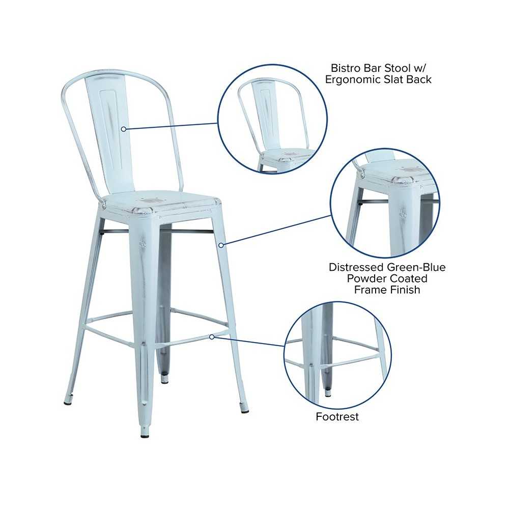 Commercial Grade 30" High Distressed Green-Blue Metal Indoor-Outdoor Barstool with Back