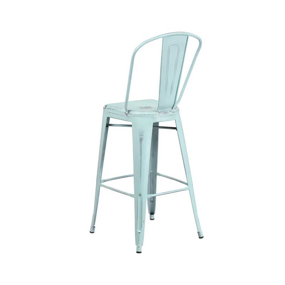 Commercial Grade 30" High Distressed Green-Blue Metal Indoor-Outdoor Barstool with Back