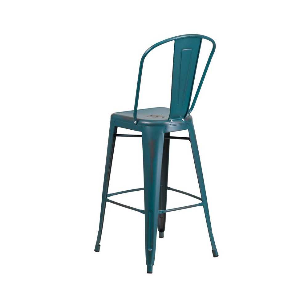 Commercial Grade 30" High Distressed Kelly Blue-Teal Metal Indoor-Outdoor Barstool with Back
