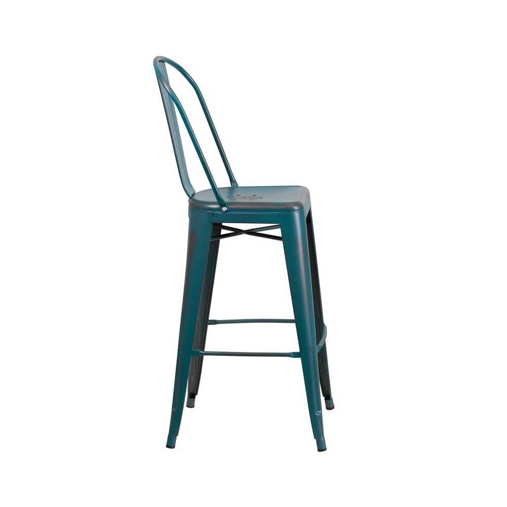 Commercial Grade 30" High Distressed Kelly Blue-Teal Metal Indoor-Outdoor Barstool with Back