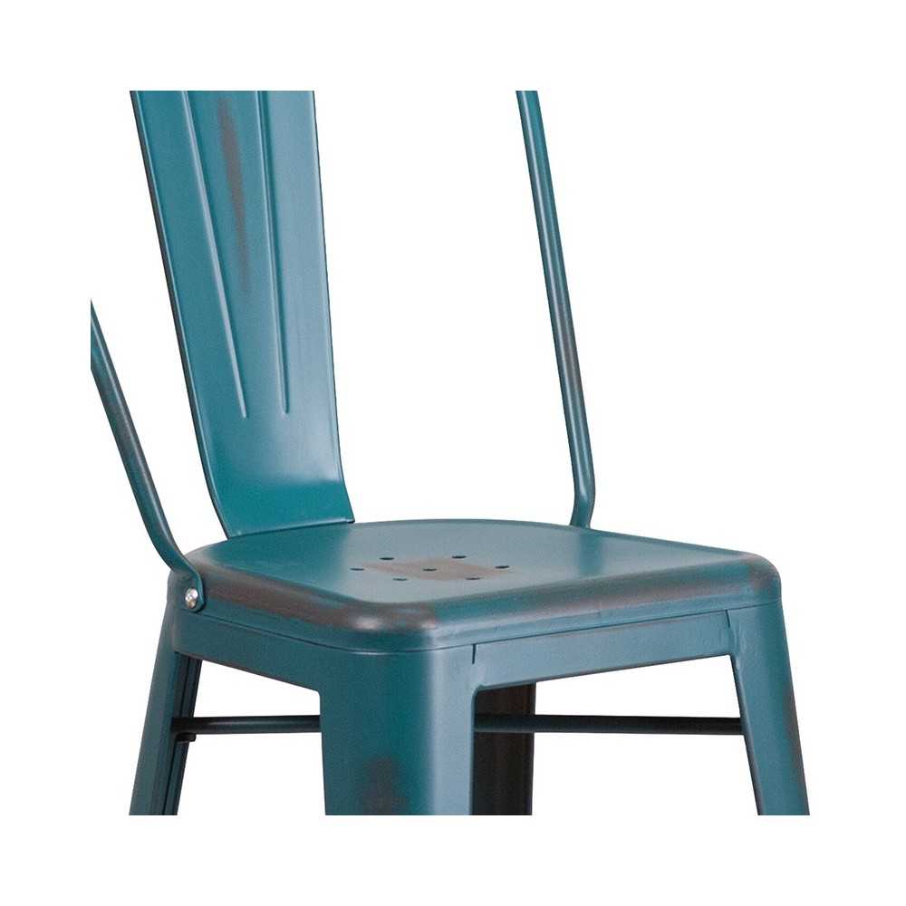 Commercial Grade 30" High Distressed Kelly Blue-Teal Metal Indoor-Outdoor Barstool with Back