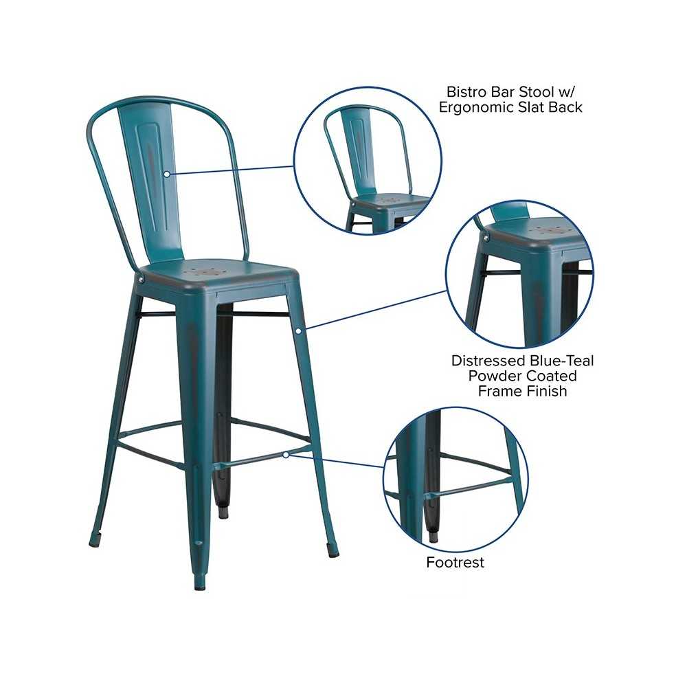 Commercial Grade 30" High Distressed Kelly Blue-Teal Metal Indoor-Outdoor Barstool with Back