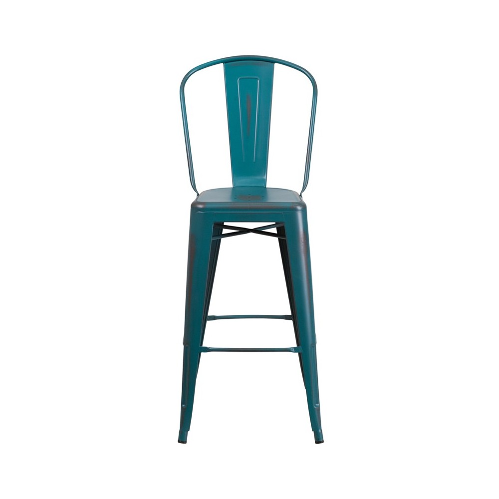 Commercial Grade 30" High Distressed Kelly Blue-Teal Metal Indoor-Outdoor Barstool with Back