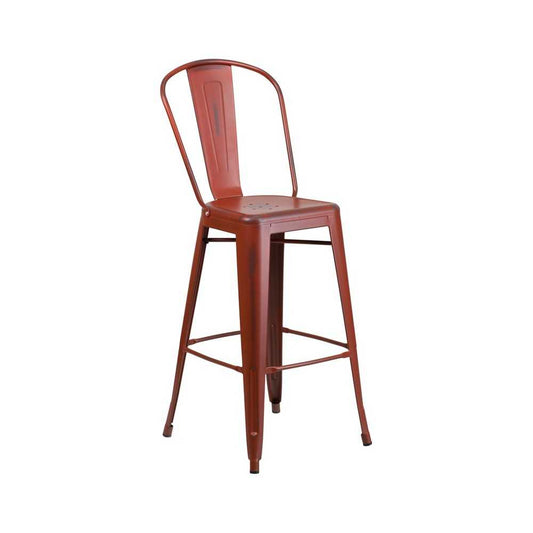 Commercial Grade 30" High Distressed Kelly Red Metal Indoor-Outdoor Barstool with Back