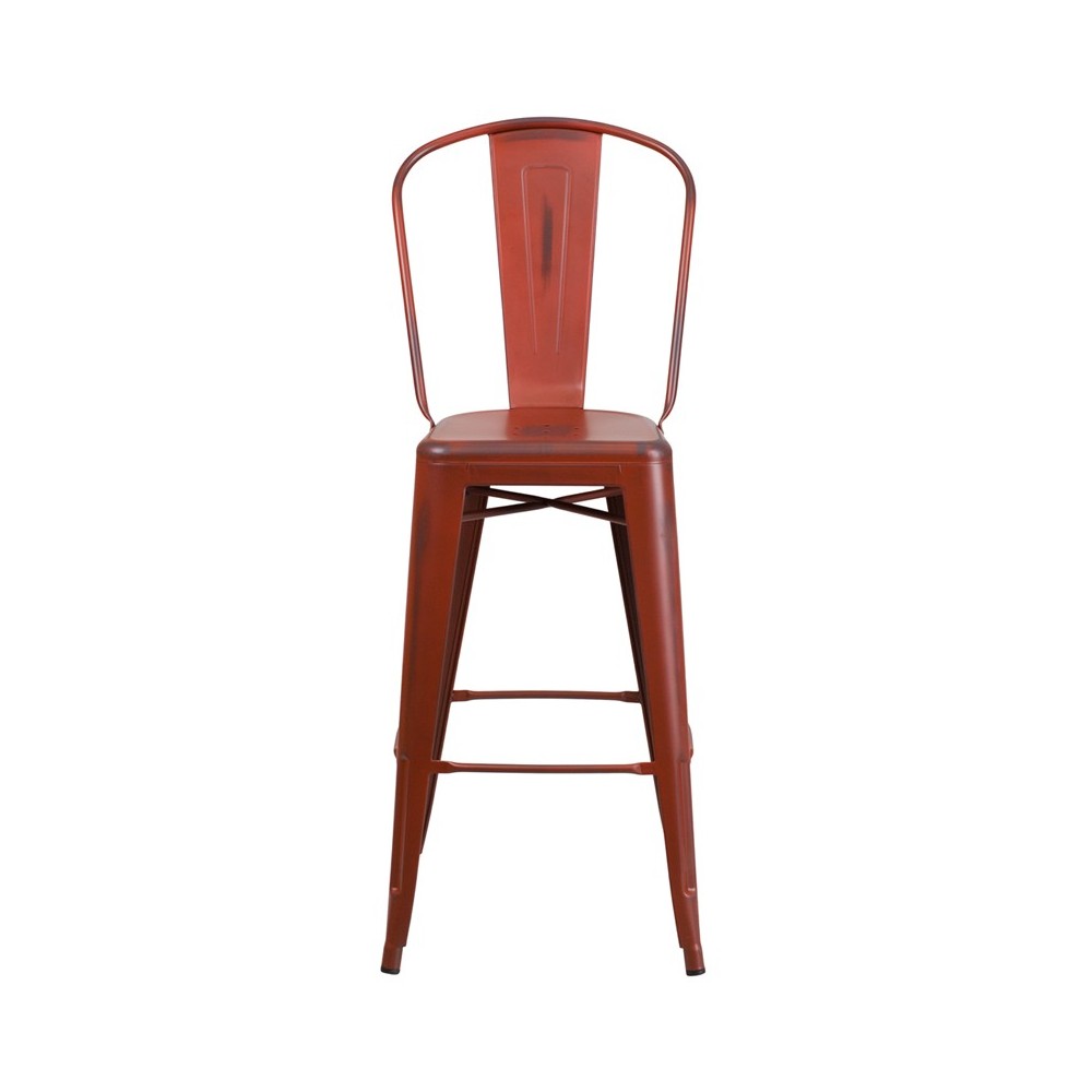Commercial Grade 30" High Distressed Kelly Red Metal Indoor-Outdoor Barstool with Back
