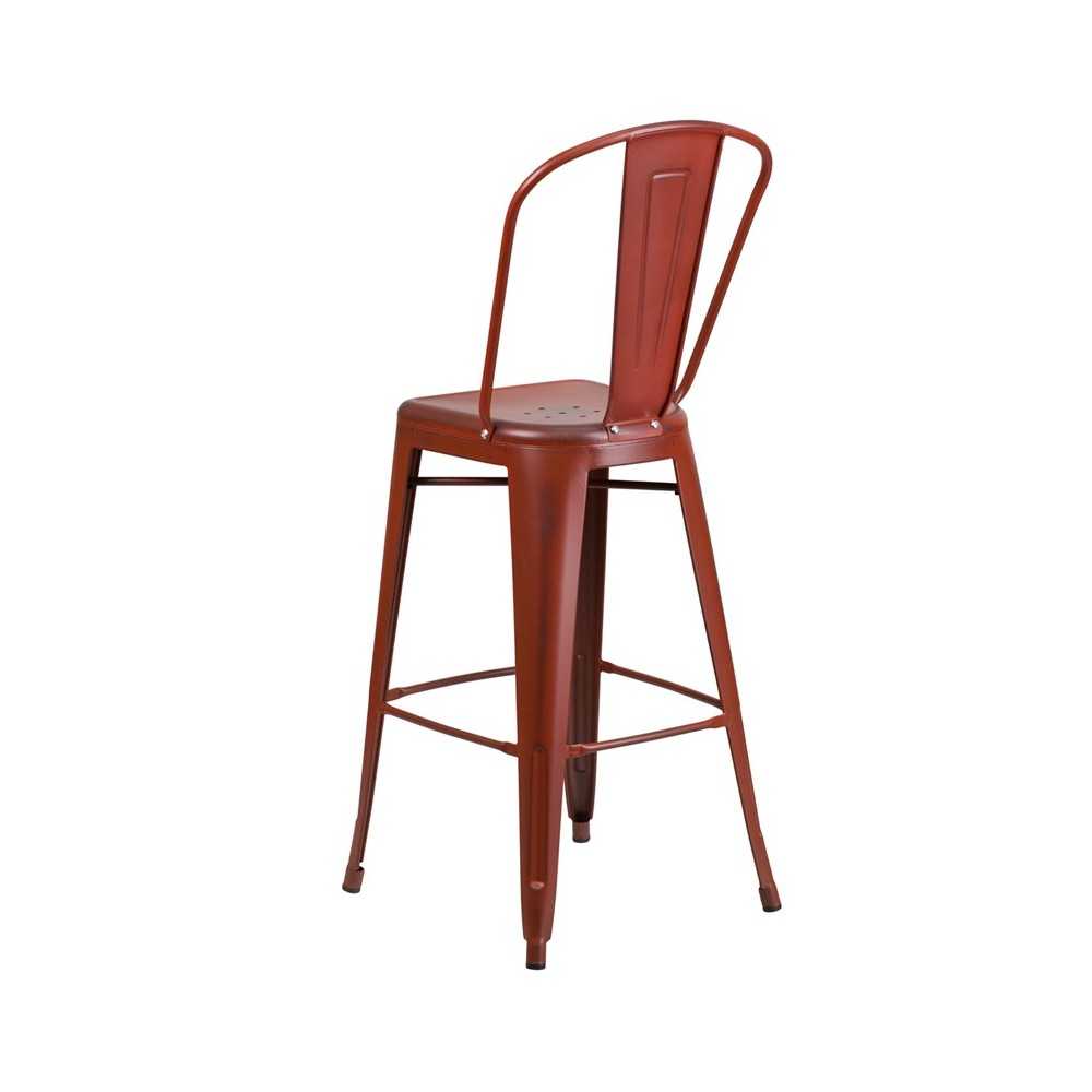 Commercial Grade 30" High Distressed Kelly Red Metal Indoor-Outdoor Barstool with Back