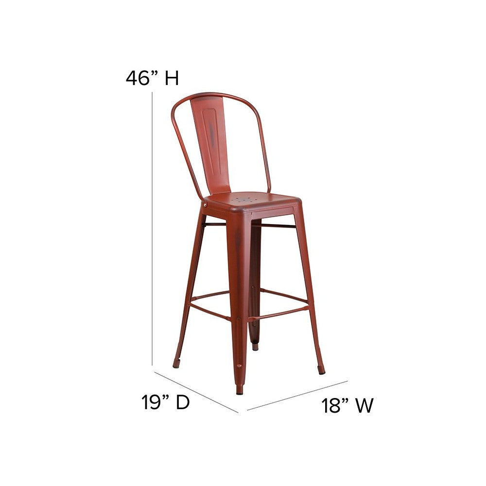 Commercial Grade 30" High Distressed Kelly Red Metal Indoor-Outdoor Barstool with Back