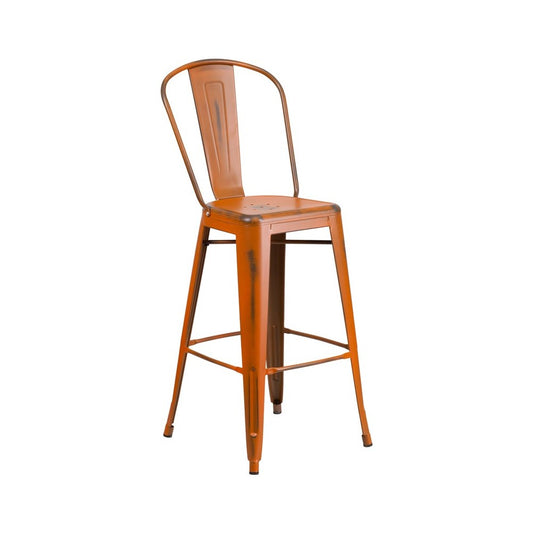 Commercial Grade 30" High Distressed Orange Metal Indoor-Outdoor Barstool with Back