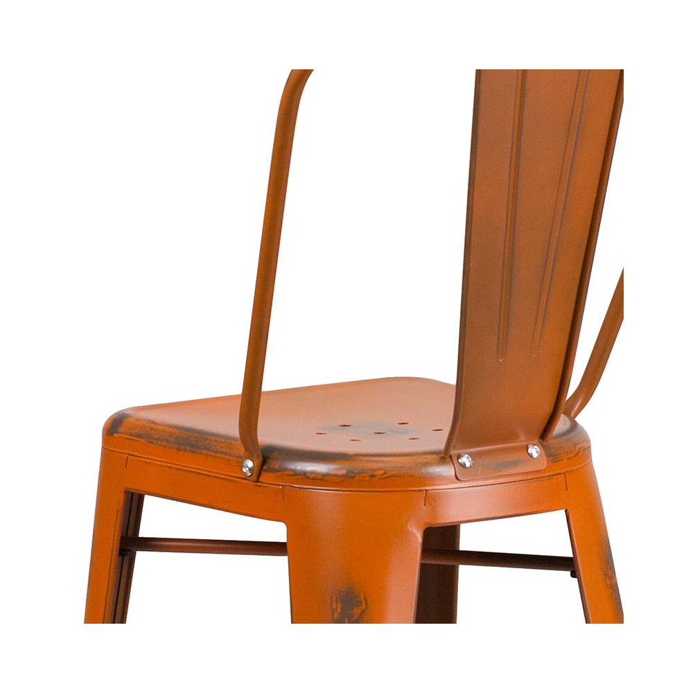 Commercial Grade 30" High Distressed Orange Metal Indoor-Outdoor Barstool with Back