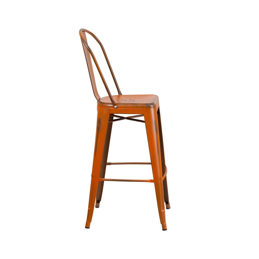 Commercial Grade 30" High Distressed Orange Metal Indoor-Outdoor Barstool with Back
