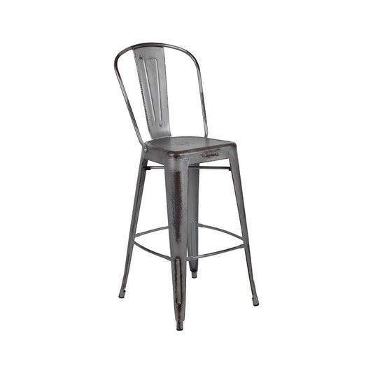 Commercial Grade 30" High Distressed Silver Gray Metal Indoor-Outdoor Barstool with Back