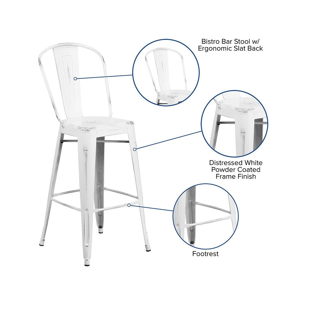 Commercial Grade 30" High Distressed White Metal Indoor-Outdoor Barstool with Back