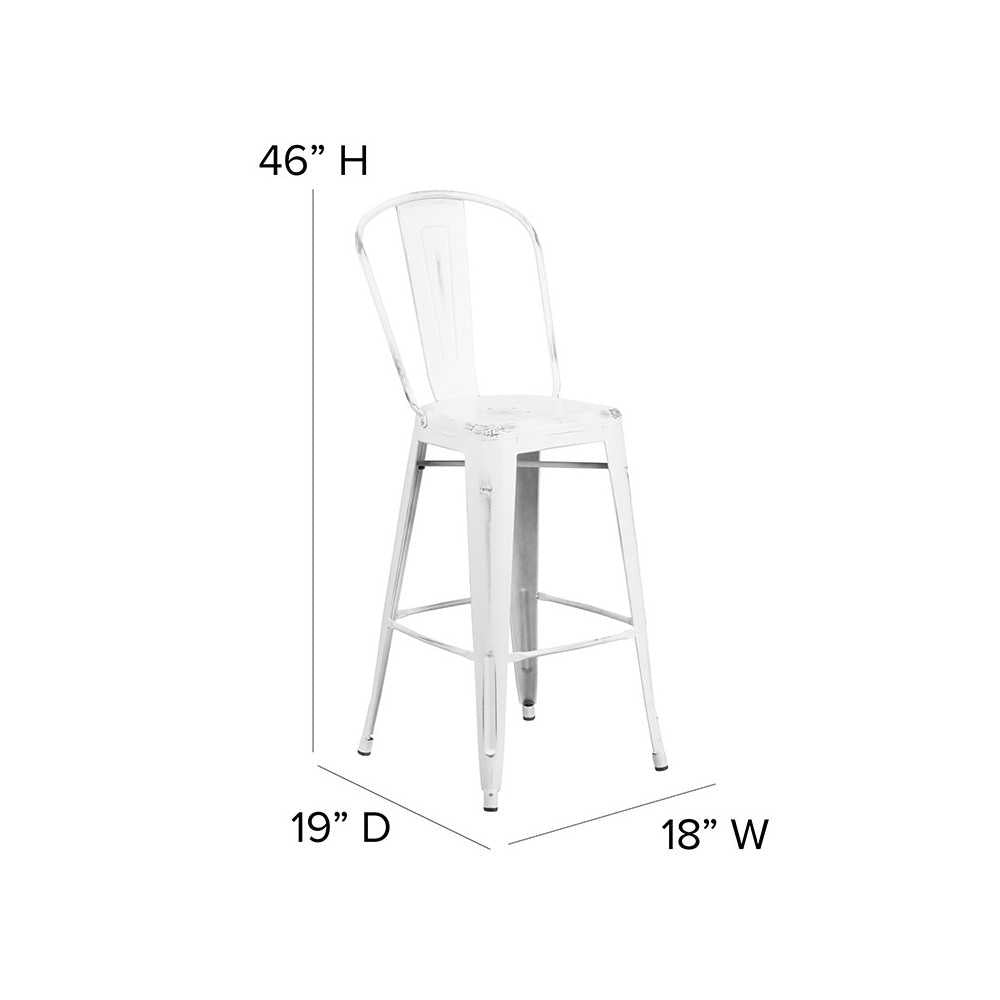Commercial Grade 30" High Distressed White Metal Indoor-Outdoor Barstool with Back