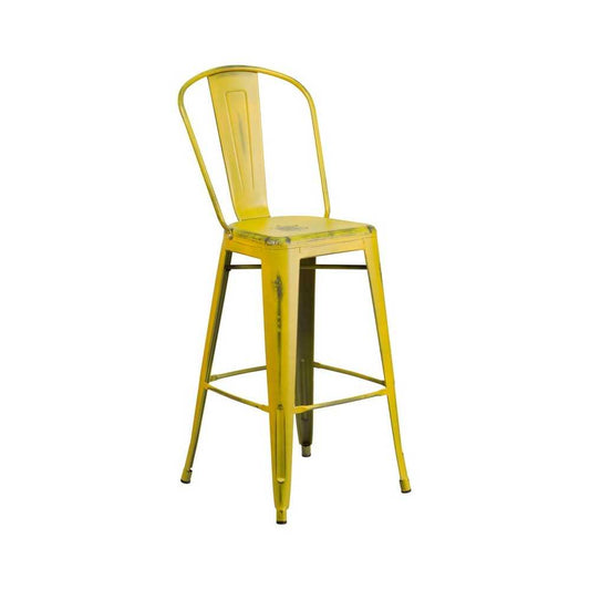 Commercial Grade 30" High Distressed Yellow Metal Indoor-Outdoor Barstool with Back