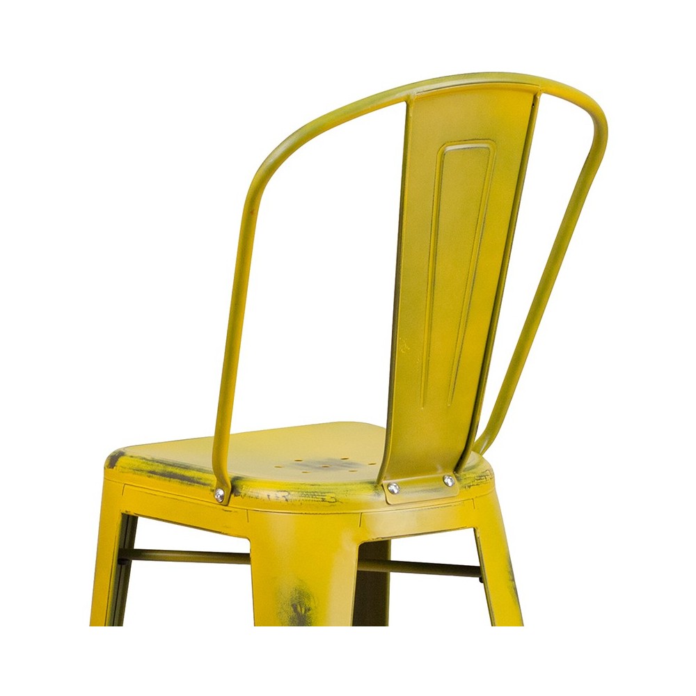 Commercial Grade 30" High Distressed Yellow Metal Indoor-Outdoor Barstool with Back