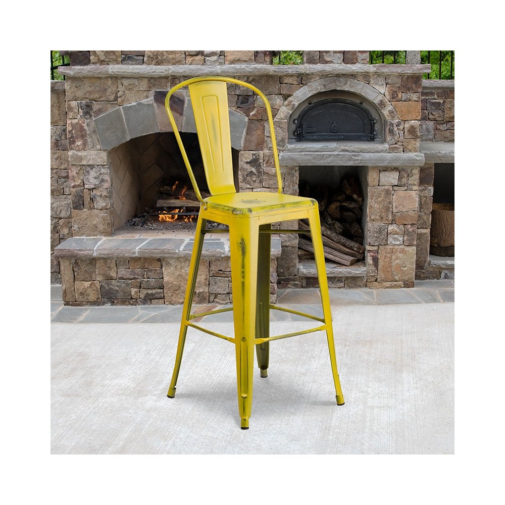 Commercial Grade 30" High Distressed Yellow Metal Indoor-Outdoor Barstool with Back