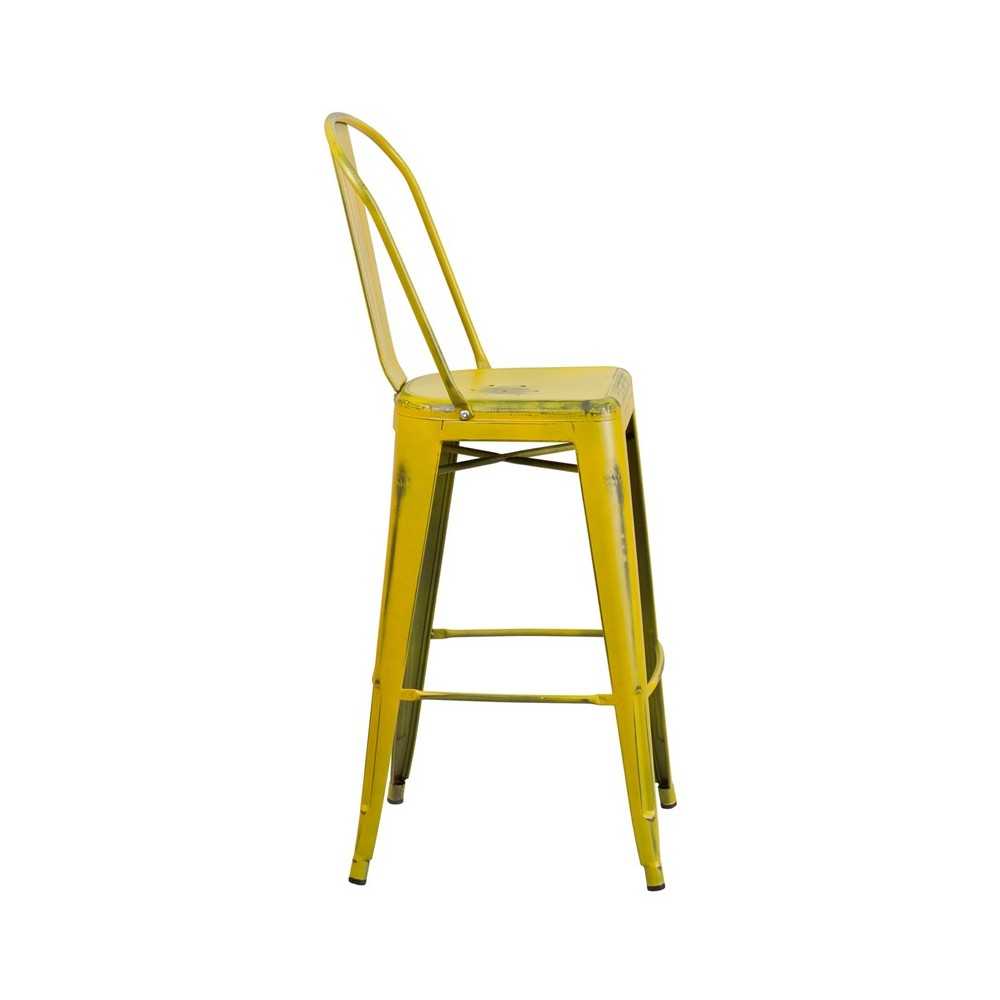 Commercial Grade 30" High Distressed Yellow Metal Indoor-Outdoor Barstool with Back