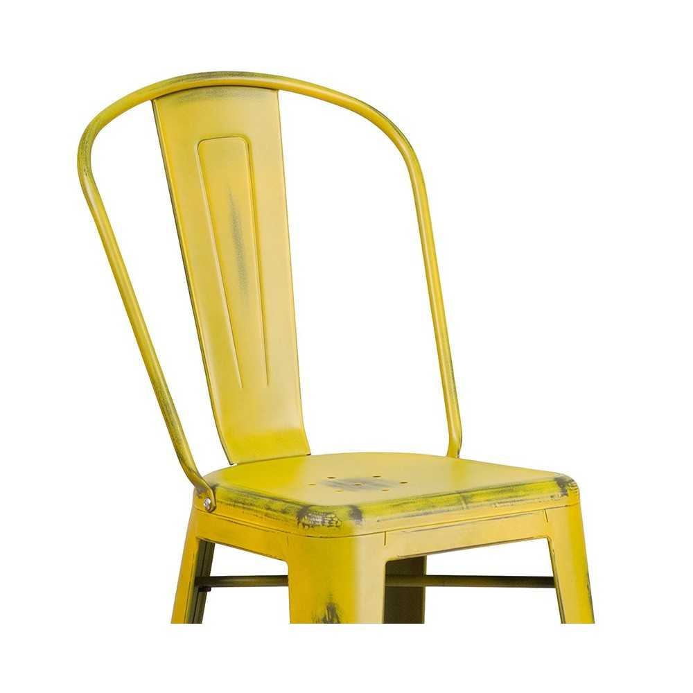Commercial Grade 30" High Distressed Yellow Metal Indoor-Outdoor Barstool with Back