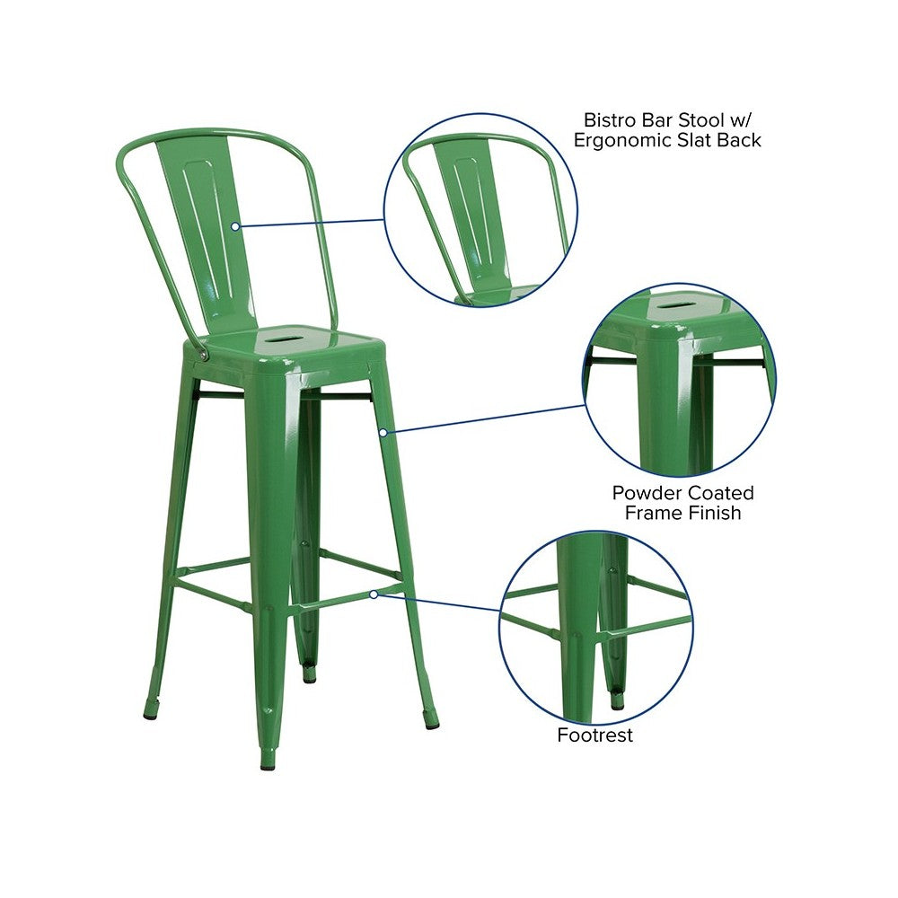 Commercial Grade 30" High Green Metal Indoor-Outdoor Barstool with Removable Back