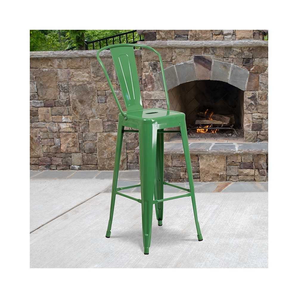 Commercial Grade 30" High Green Metal Indoor-Outdoor Barstool with Removable Back