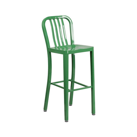 Commercial Grade 30" High Green Metal Indoor-Outdoor Barstool with Vertical Slat Back