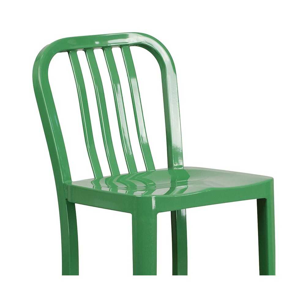 Commercial Grade 30" High Green Metal Indoor-Outdoor Barstool with Vertical Slat Back