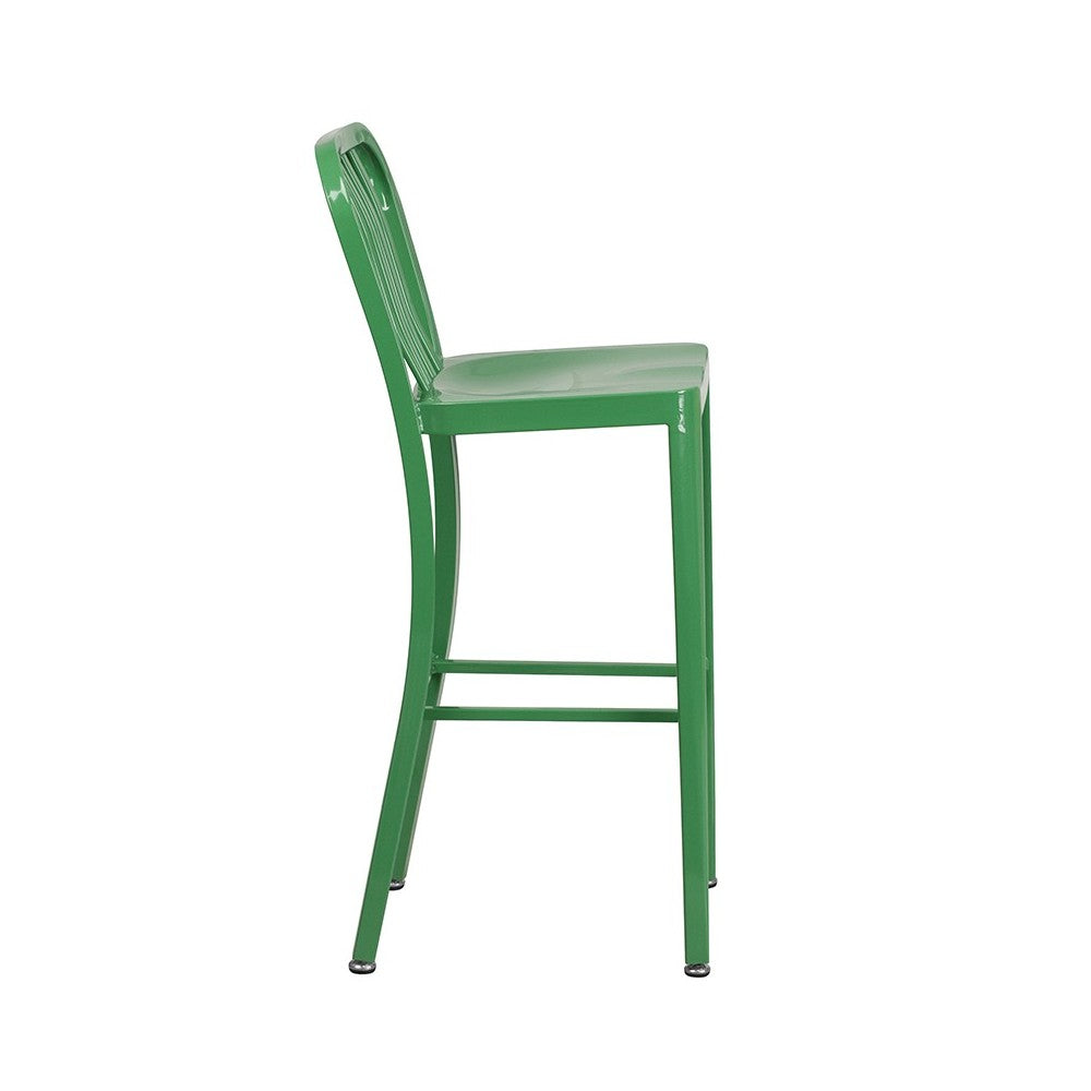 Commercial Grade 30" High Green Metal Indoor-Outdoor Barstool with Vertical Slat Back
